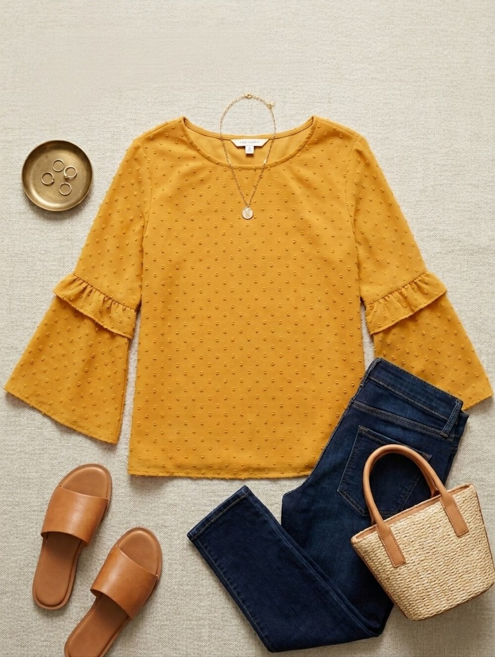 Banana Republic Mustard Yellow Swiss Dot Bell Sleeve Top | Size Large |